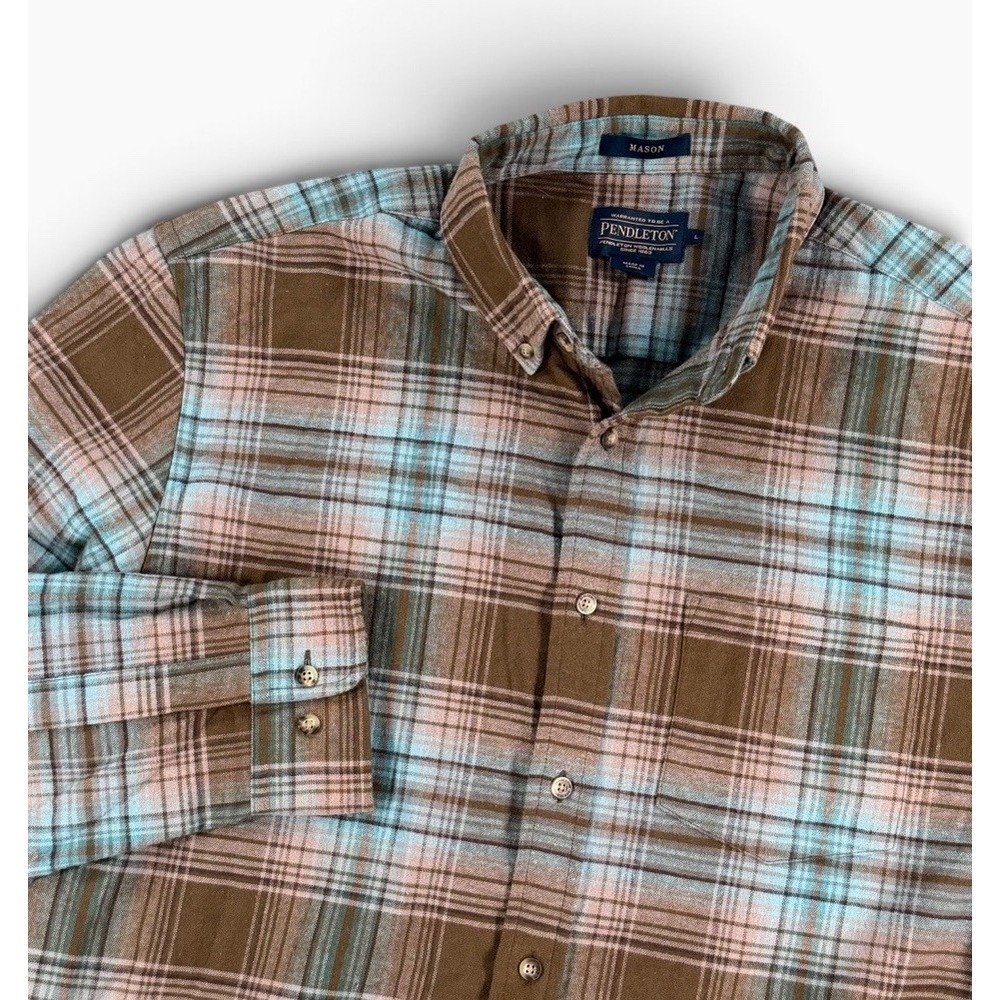 Pendleton Shirt Men Large Brown Blue Plaid Mason Flannel Button Up Outdoors Work